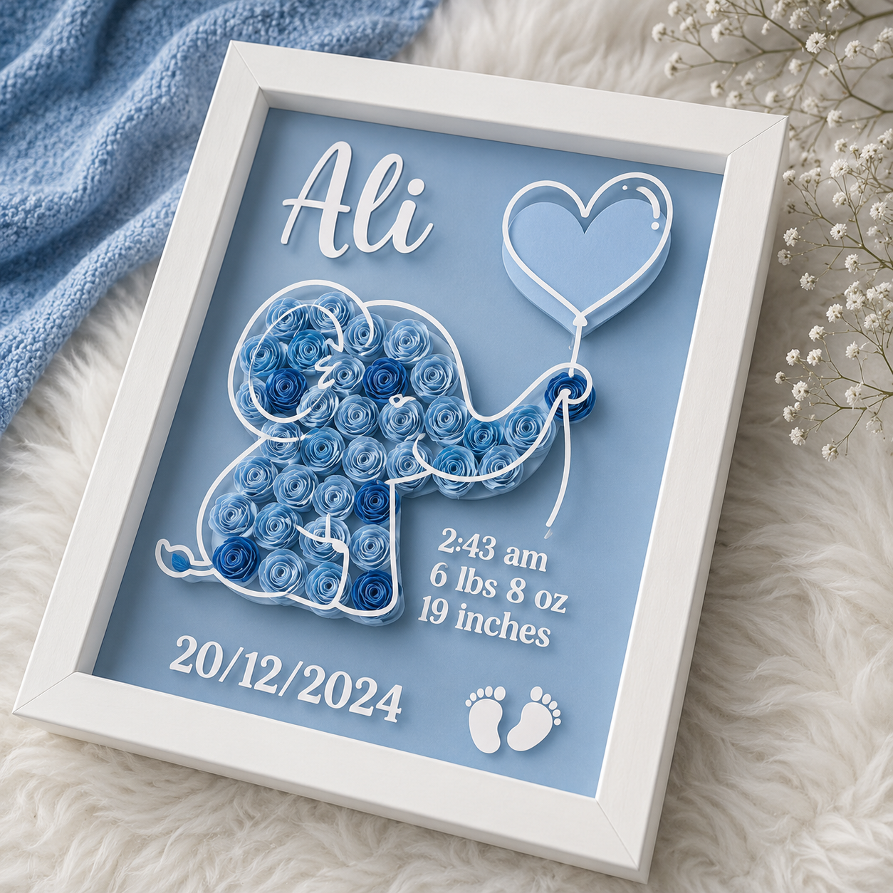 Personalized Baby Birth Frame – 3D Paper Elephant Design – A4